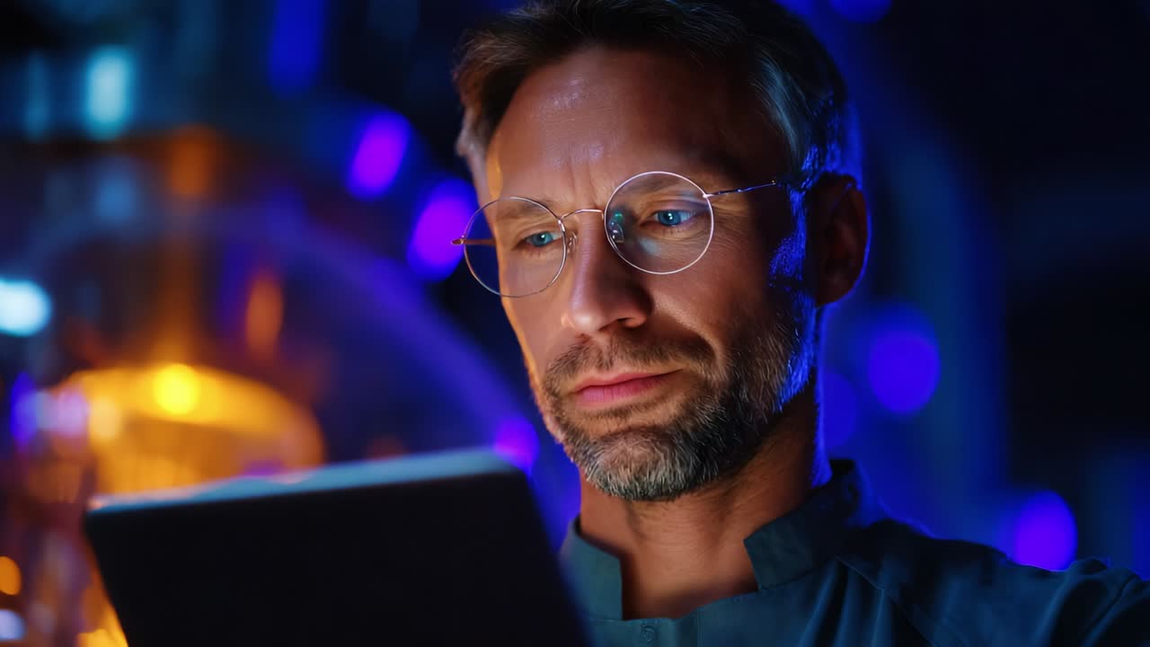 A focused individual in a high-tech lab setting engages with a tablet, surrounded by colorful light and scientific equipment, illustrating concentration and modern technology in research