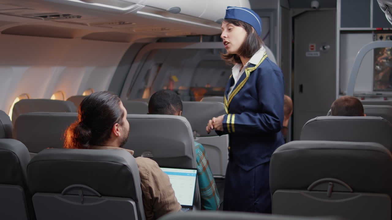 Female stewardess asking passengers about airline services