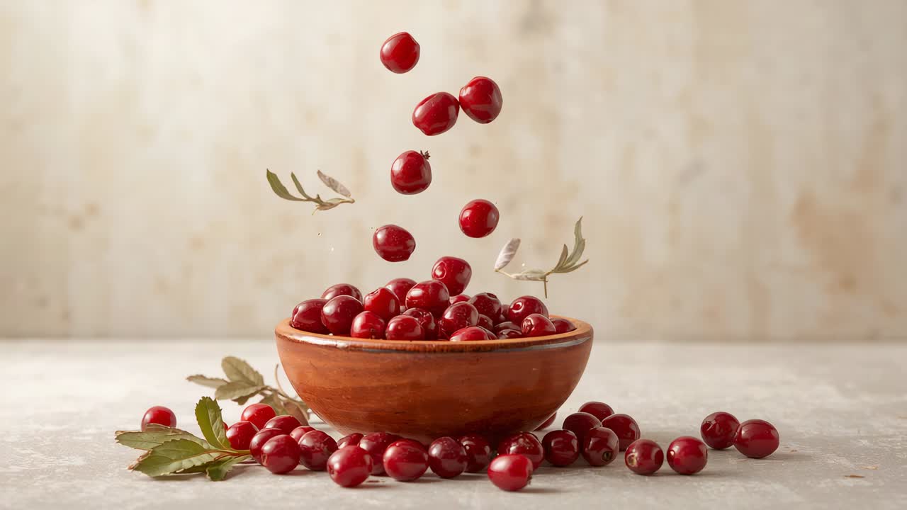 Releasing red cranberries from above, hand filling brown ceramic bowl on table with leaf sprigs