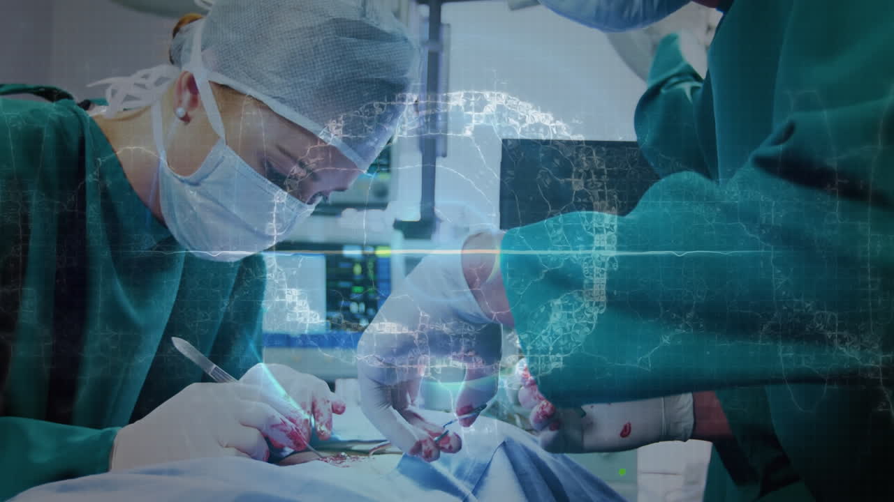 병원에서 수술을 하는 남녀 외과 의사들에 대한 의료 데이터 처리의 애니메이션