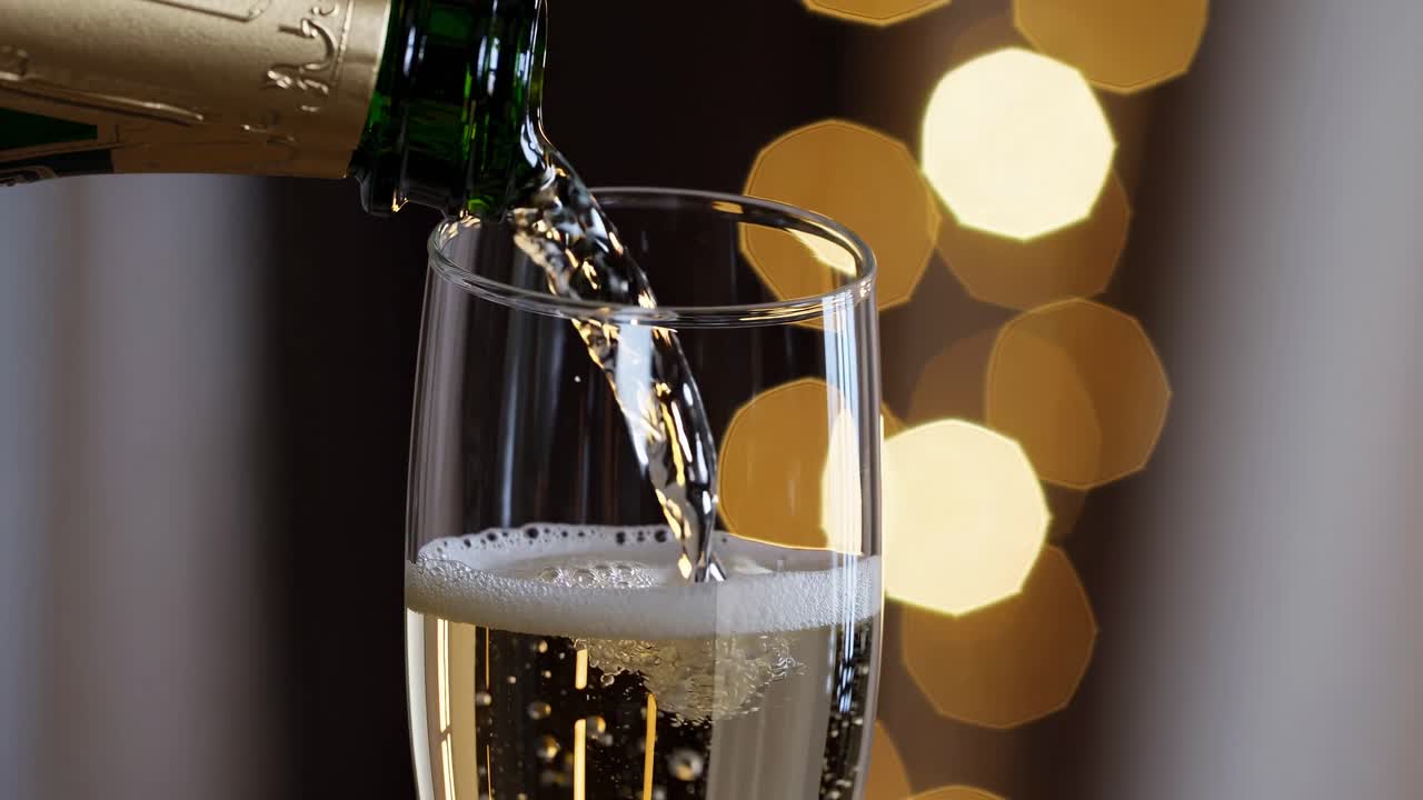 Primo piano video di champagne versato in un bicchiere, con luci bokeh sullo sfondo