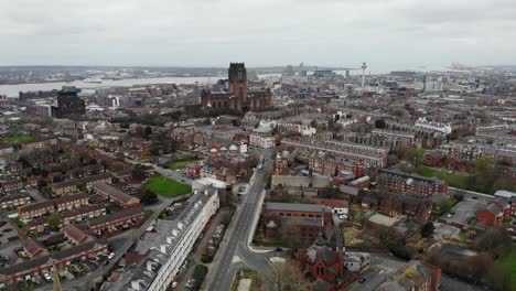 drone shot flying towards liverpool cathedral on a damp april morning