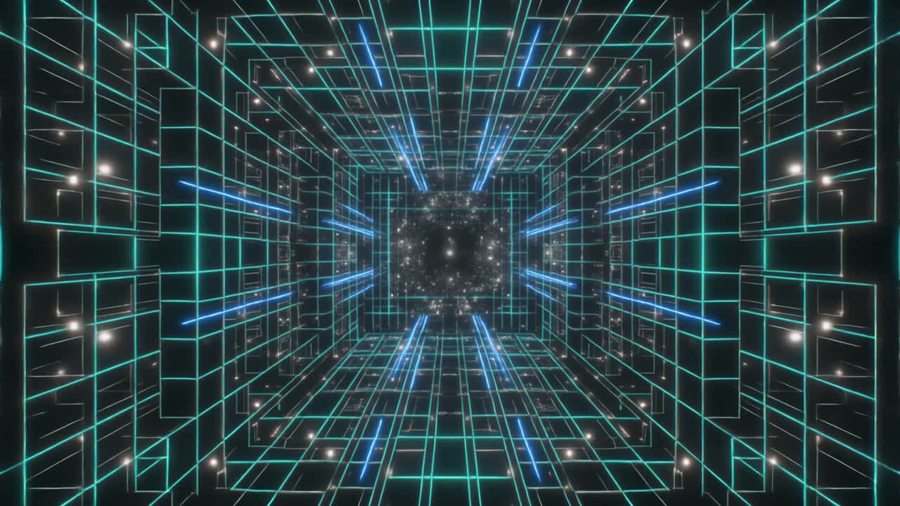 Flying Through a Futuristic Digital Grid Tunnel with Neon Lights