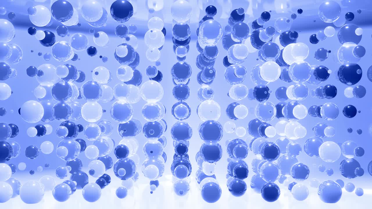 fondo 4k abstracto de esferas en tonos de azul. bolas como leds cuelgan en el aire y se encienden y se apagan. fondo elegante brillante