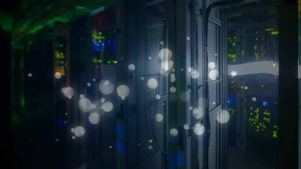 Animation of lights and dots floating over servers