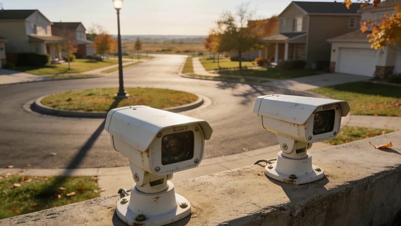 Telecamera che zooma rivelando una coppia di telecamere di sicurezza bianche su un muro in muratura in un cul-de-sac