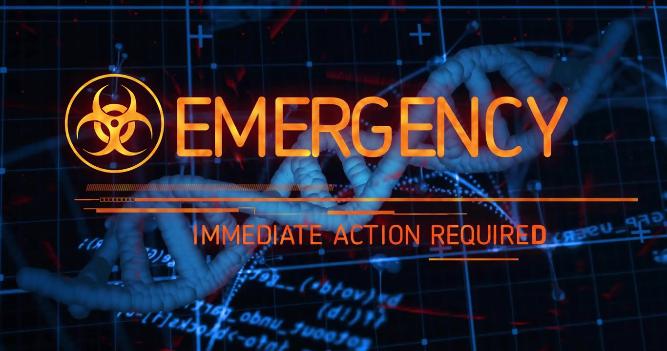Emerging rotating helix glitching text morphing to biohazard emergency immediate action required