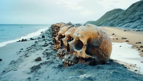 a row of skulls sitting on top of a sandy beach