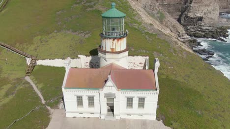 historic lighthouse on coastal cliffs, aerial descent with tilt