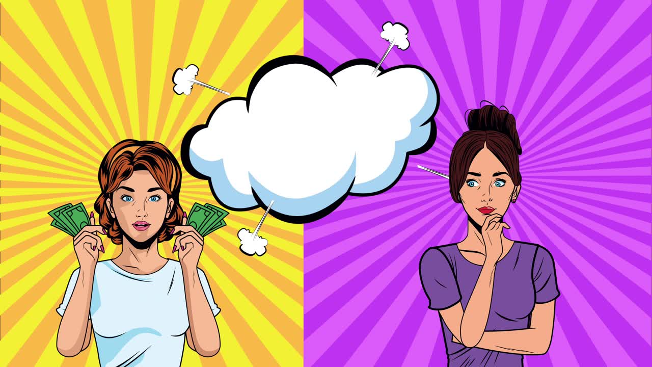 달러 지폐와 섹스 프레션 버블 팝 아트 스타일의 아름다운 여성