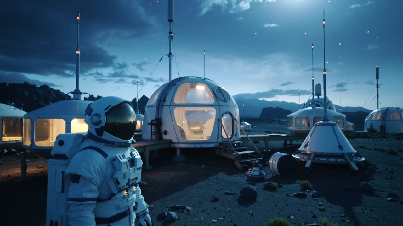 Camera pan showing outpost, astronaut in spacesuit surveying modules and rover, copy space