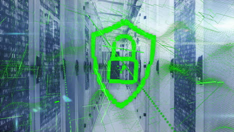animación del candado de seguridad en línea y procesamiento de datos a través de servidores informáticos