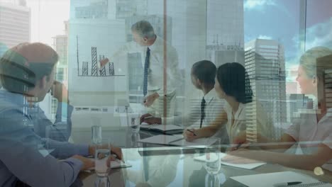 Animation-of-cityscape-over-diverse-business-people-in-office