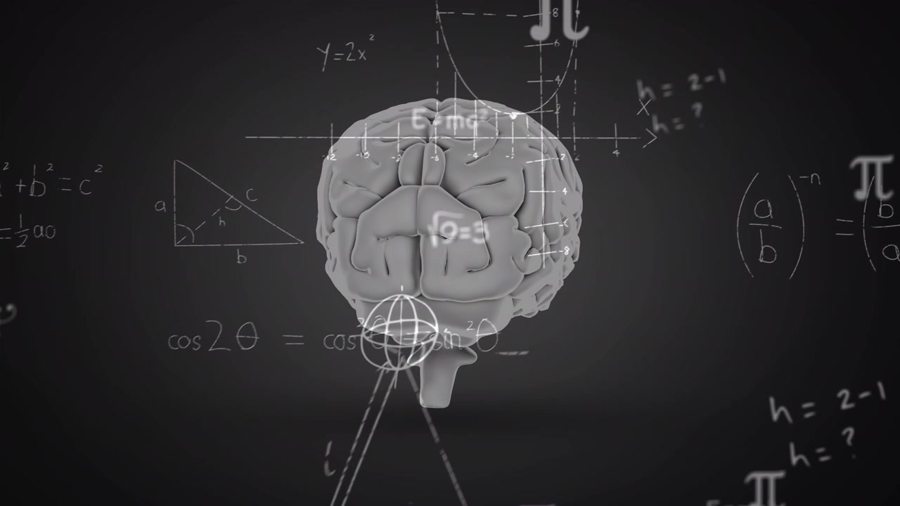 Animation of rotating brain and math formulas on black background
