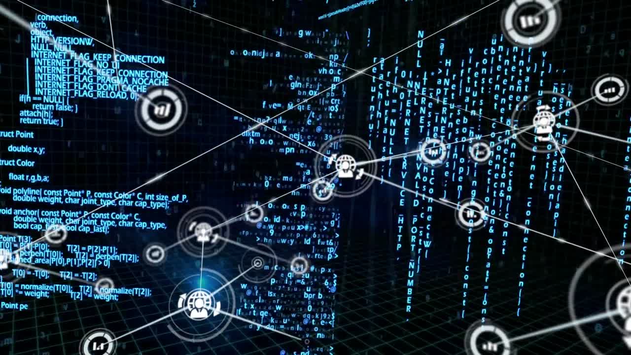 Connectors moving and digital data on blue background