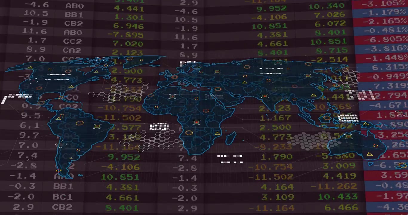 Scrolling market figures initiating map grid sharpening, adding data icons, showing global markets
