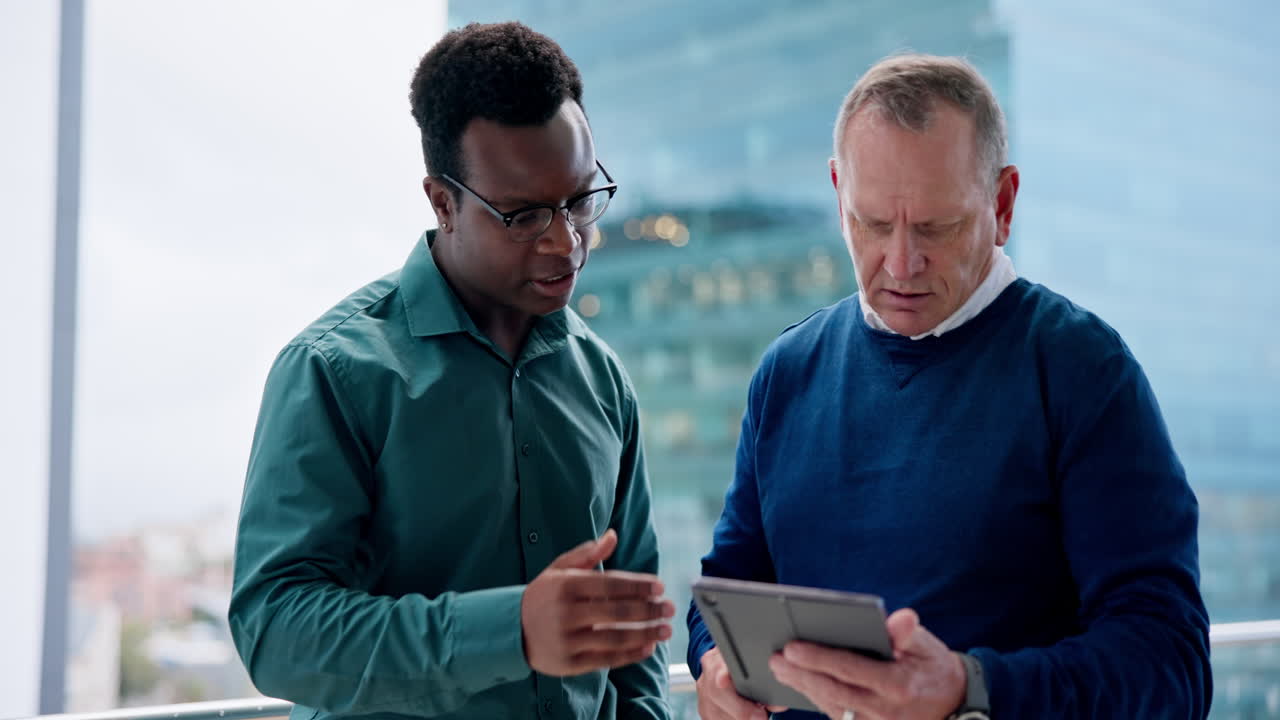 Tablet, business people and balcony talk