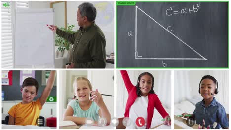 animation of six screens of diverse children, teacher and chalkboard during online maths lesson