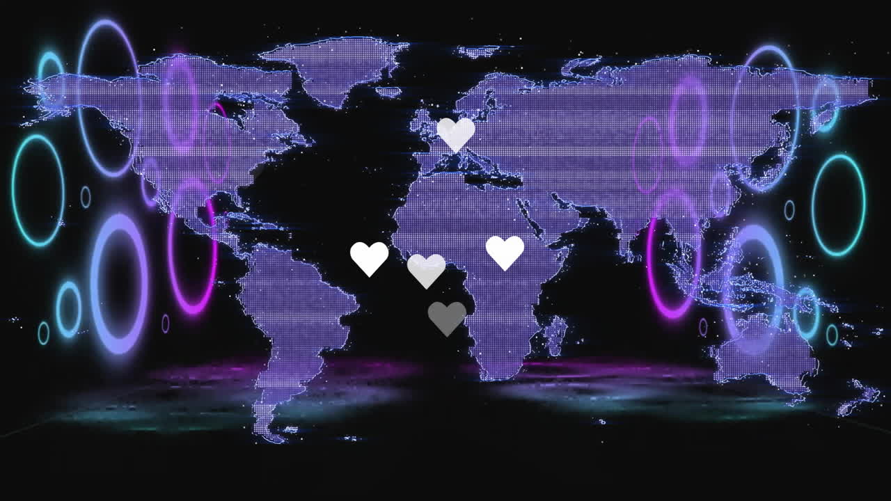 Pixelated world map displaying purple dots on black void, highlighting neon rings and heart icons