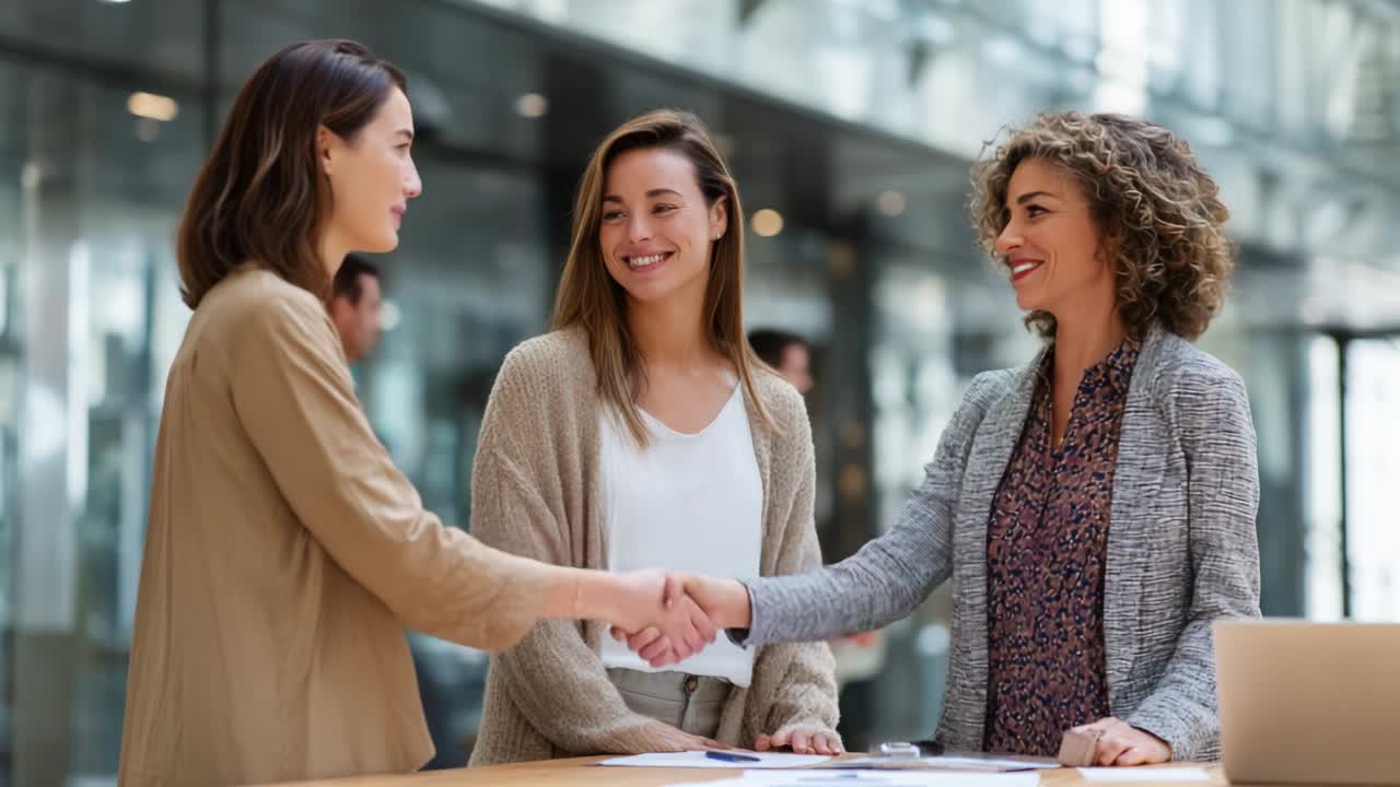 In a modern office setting, three women engage in a friendly discussion, showcasing cooperation and positive vibes, as they share ideas and build connections over a collaborative workspace