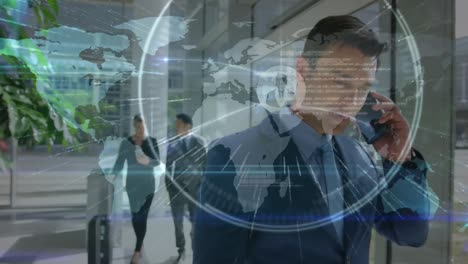 Animation-of-globe-and-connections-over-biracial-businessman-using-smartphone