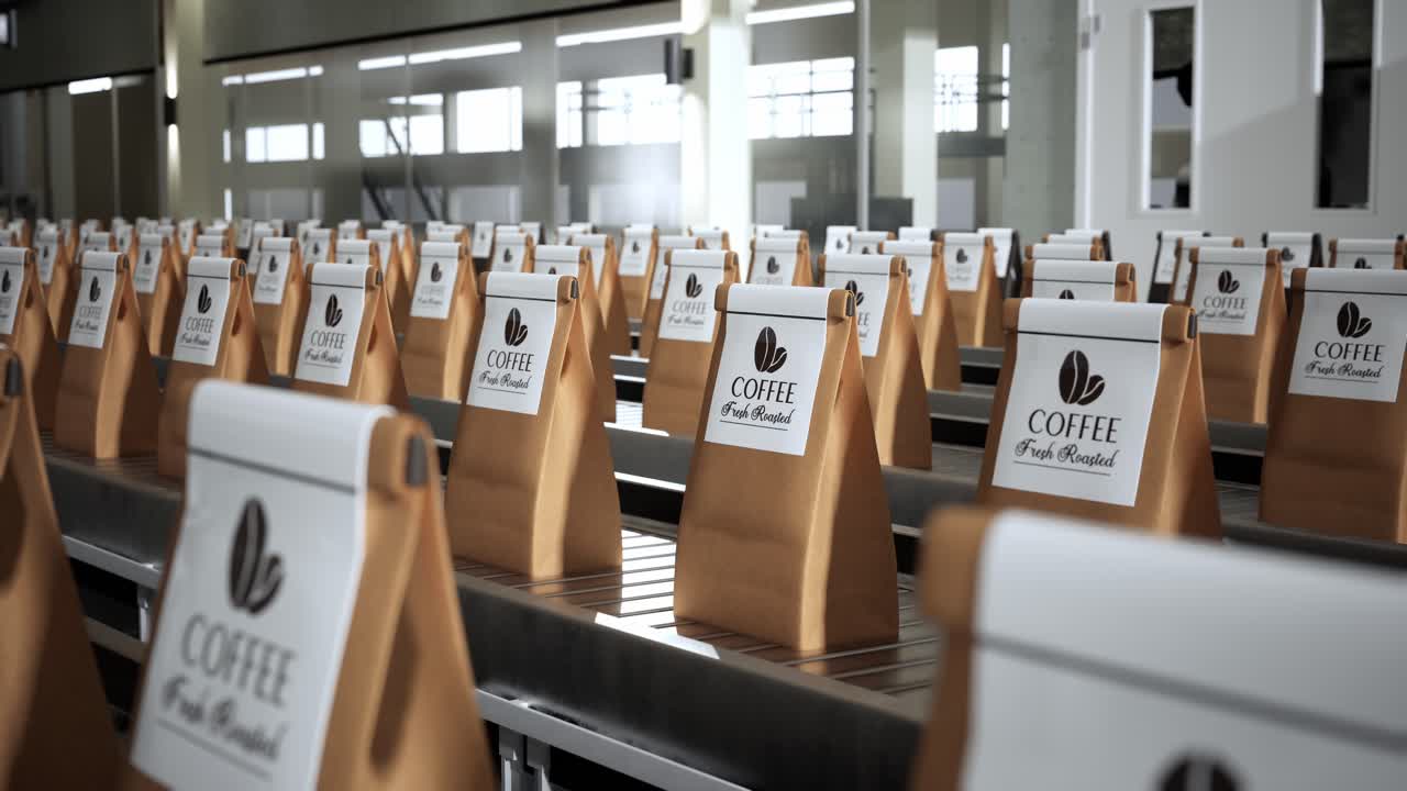 Roasted Coffee Beans In Package On Conveyor Belt In Factory. Coffee Production