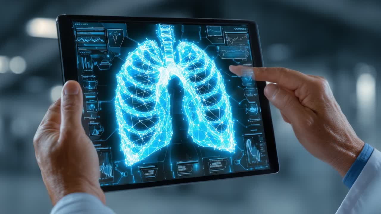 Innovative Medical Technology: A Detailed View of Lungs Through Advanced Digital Imaging on a Tablet Screen Showing Data Analysis and Respiratory Health Insights