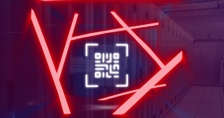 Animation of neon qr code scanner and data processing against computer server room