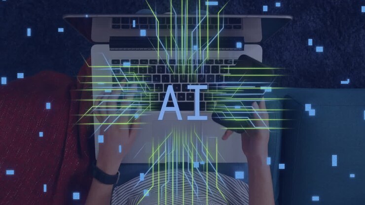 Animation of circuit board with data processing over caucasian man with smartphone using laptop