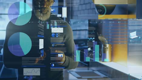 animation of data processing over senior african american man using smartphone