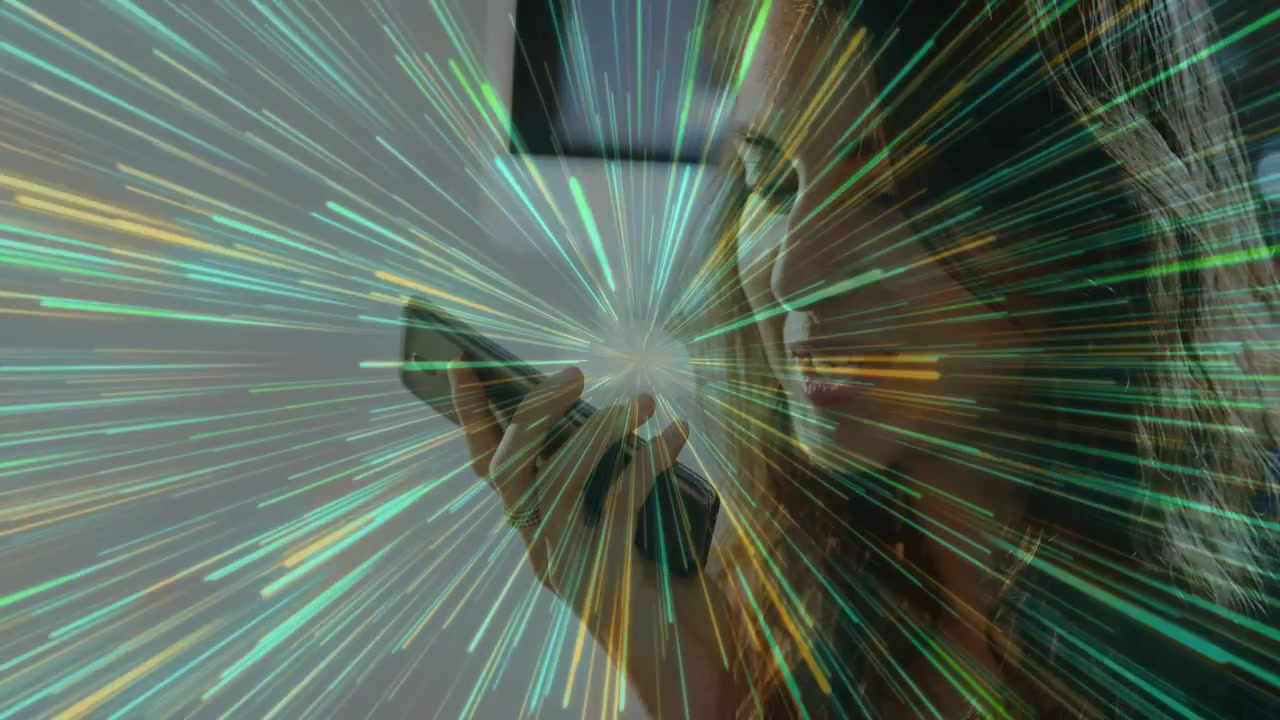 Woman raising phone to mouth and recording voice message for technology, radial burst growing
