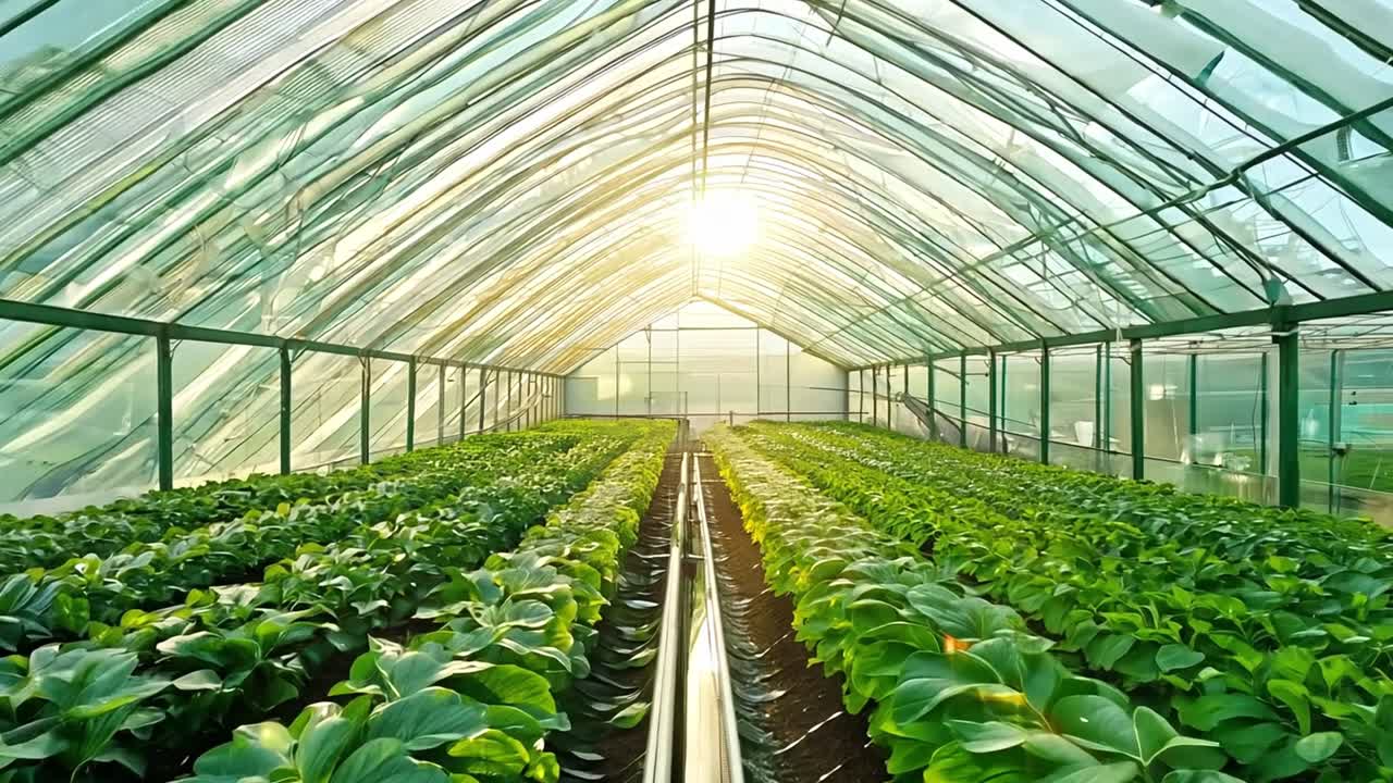 Greenhouse with Rows of Plants