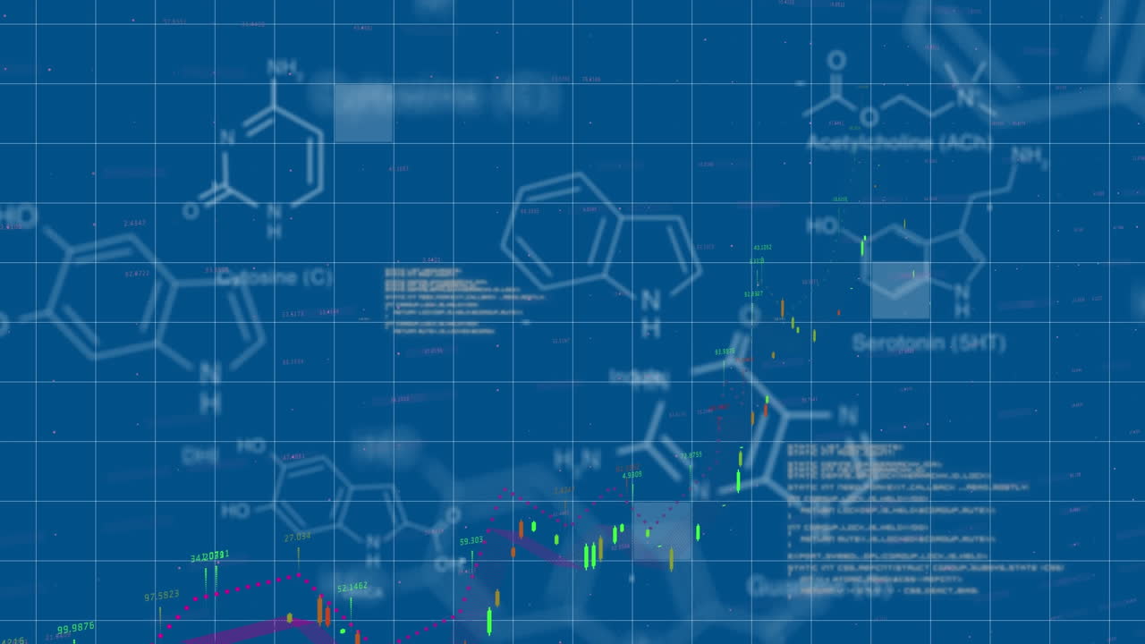 Animation of scientific data processing over grid on blue background