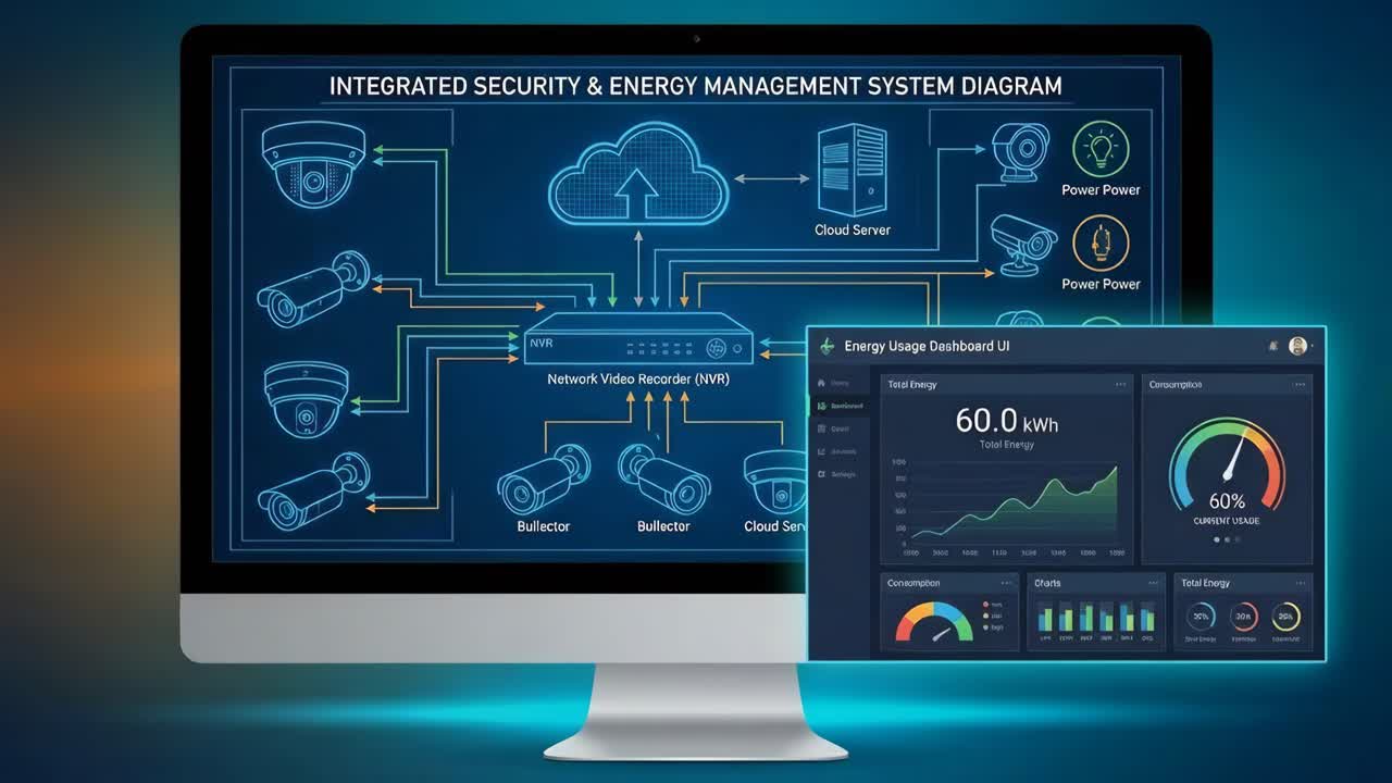 Integrated Security &amp; Energy Management System Diagram with Energy Usage Dashboard UI