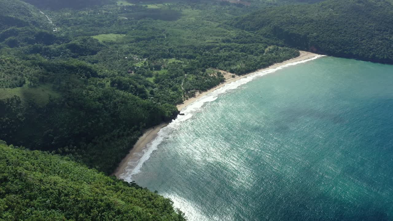 toma aérea de arriba hacia abajo sobre la playa de arena tropical con agua azul de la bahía en el mar caribe durante el día soleado playa el valle, samaná - hermoso paisaje denso y exuberante bosque con palmeras y plantas