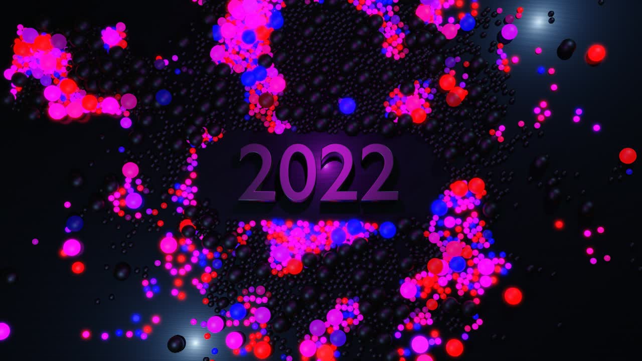 Looped New Year's bg. Numbers 2022 and christmas garland of balls or spheres scattered on plane, which light up blue purple and form a beautiful pattern. 4k Christmas composition with neon light