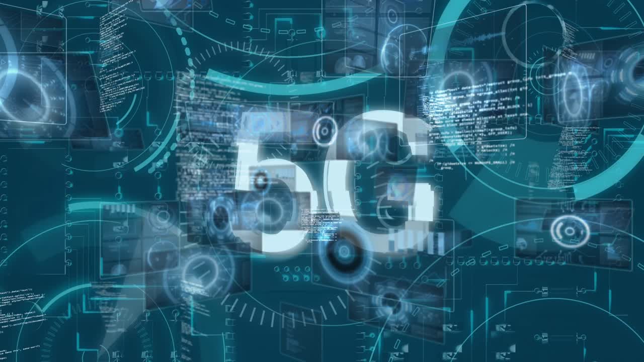 Animation of scope scanning with 5g text on blue background