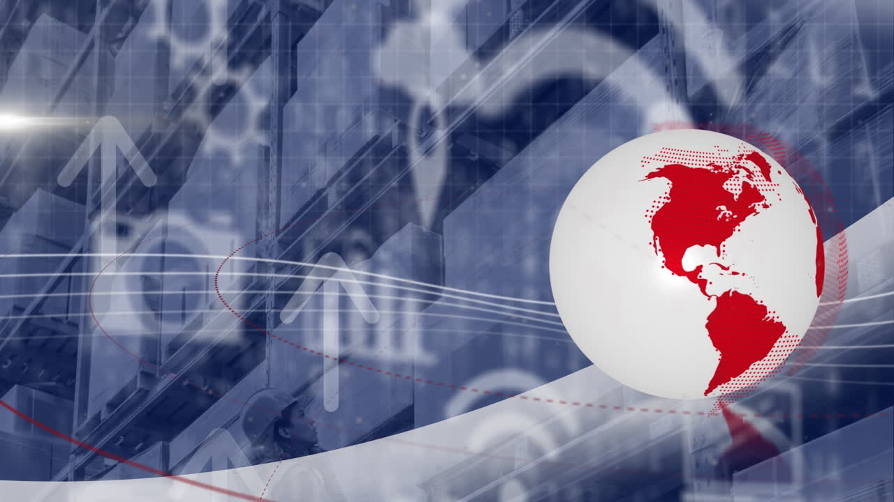 해군 배경 위에 회전하는 지구, 화살표 및 기술 아이콘의 애니메이션