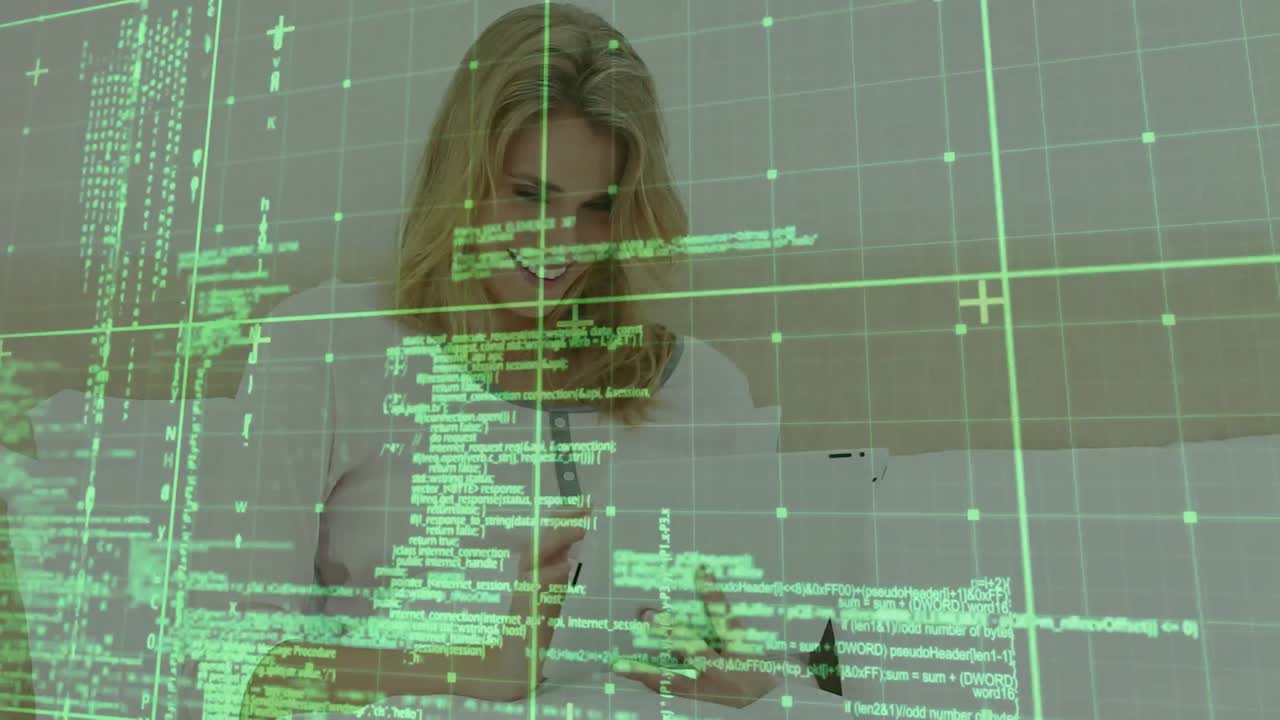 Animation of data processing over smiling caucasian woman standing
