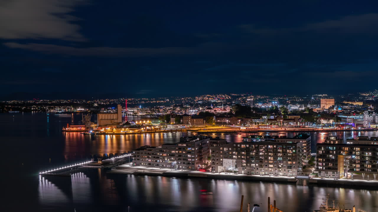 Osloer Bucht bei Nacht Zeitraffer Skyline