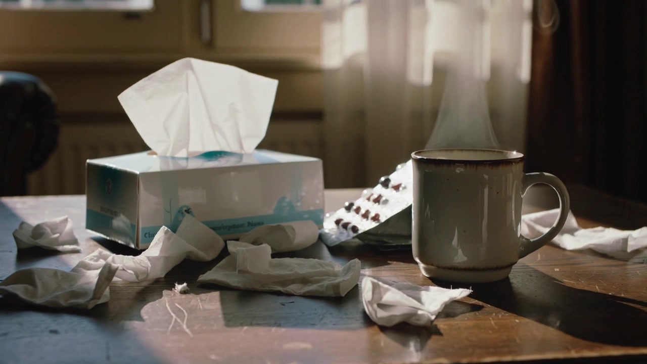 Steaming Mug and Tissues on a Table During Illness