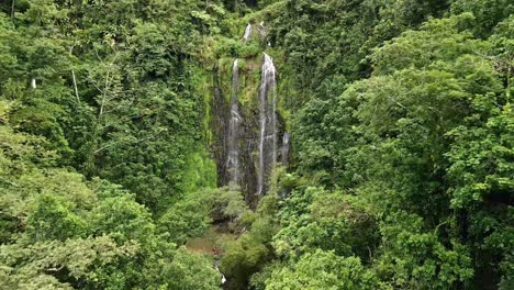 DRONE-AERIAL-SHOT-ZOOMING-IN-WATERFALL-SURROUNDED-BY-TREES