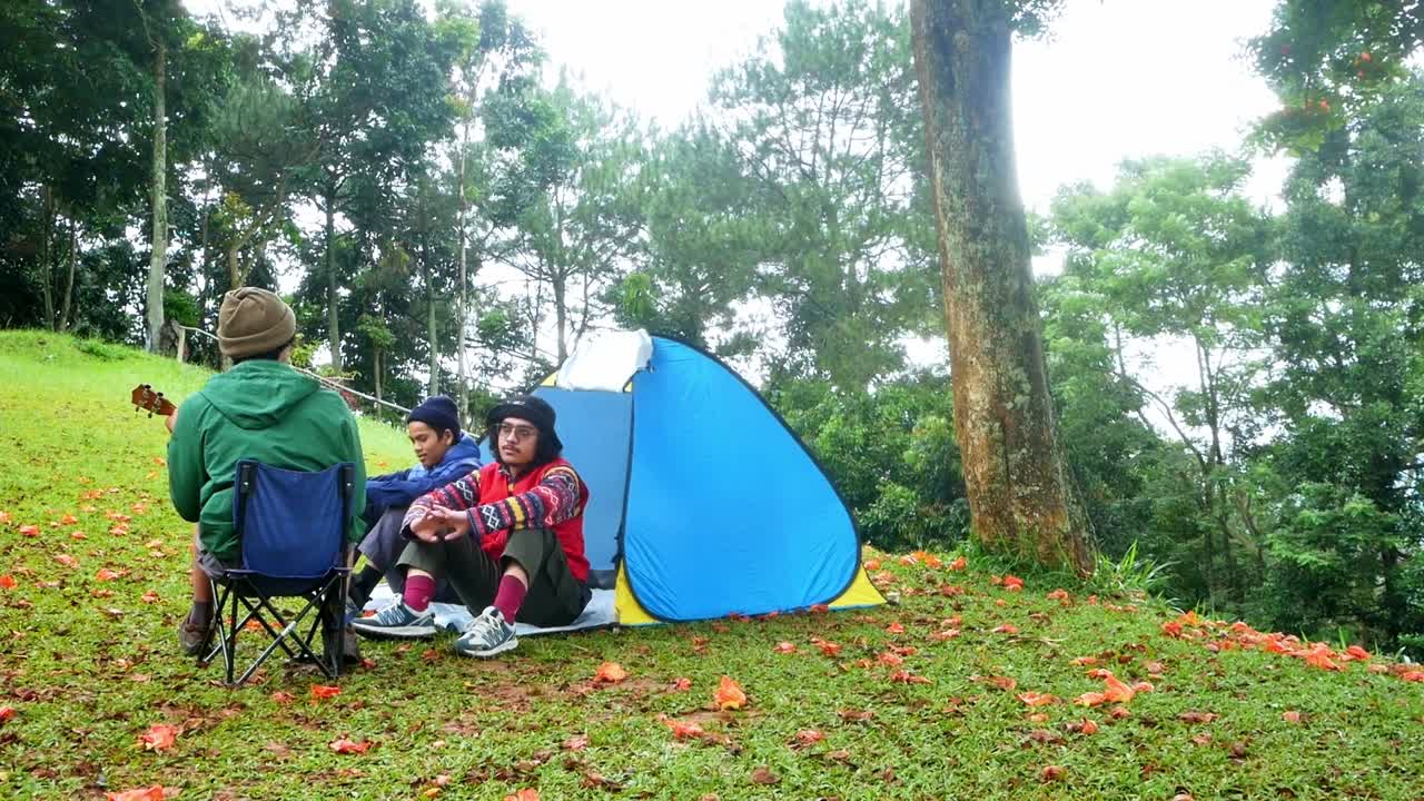 Friends enjoying camping and music together outdoors amidst nature's beauty