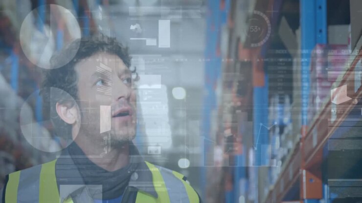 Animation of statistics and financial data processing over man working in warehouse