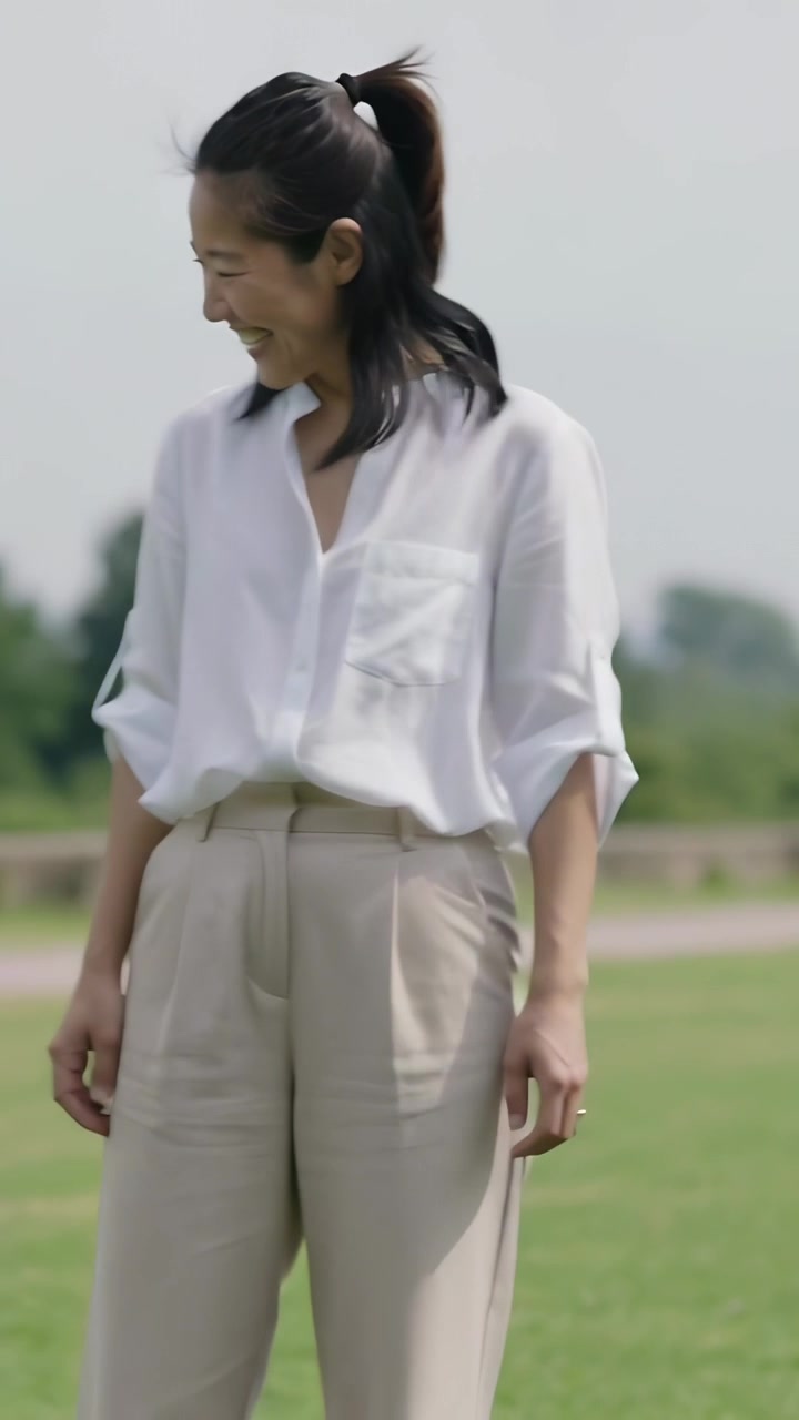 Video verticale: Bambino che corre oltre la sinistra della mamma sorridente in camicia bianca, che guarda giocare sul prato del parco.