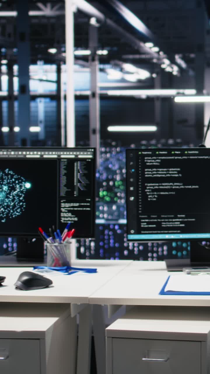 Vertical video Data center engineer using machine learning algorithms on green screen PC