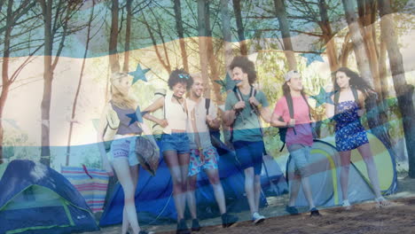 walking through forest, group of friends carrying tents with flag animation overlay