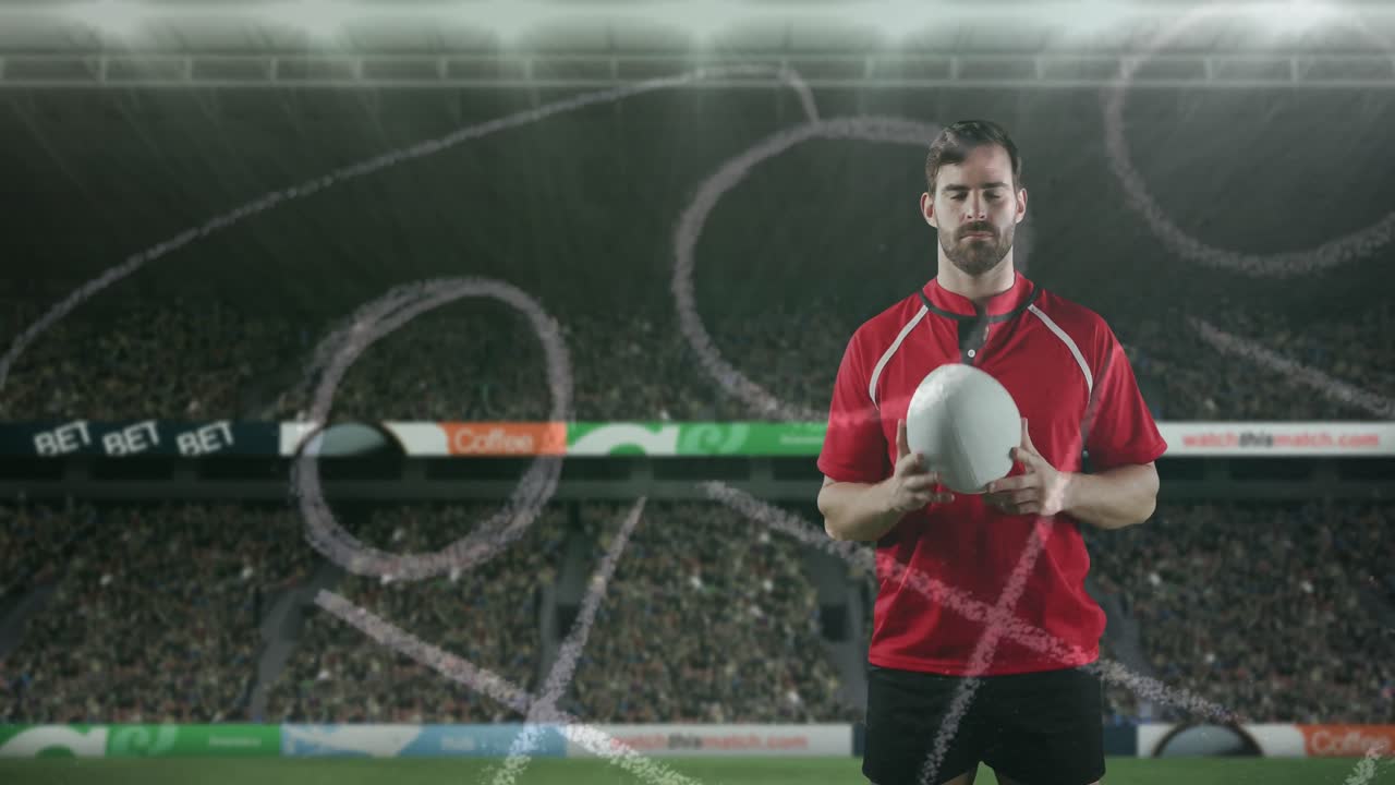 Giocatore di rugby professionista in piedi di fronte a uno stadio sportivo 4k