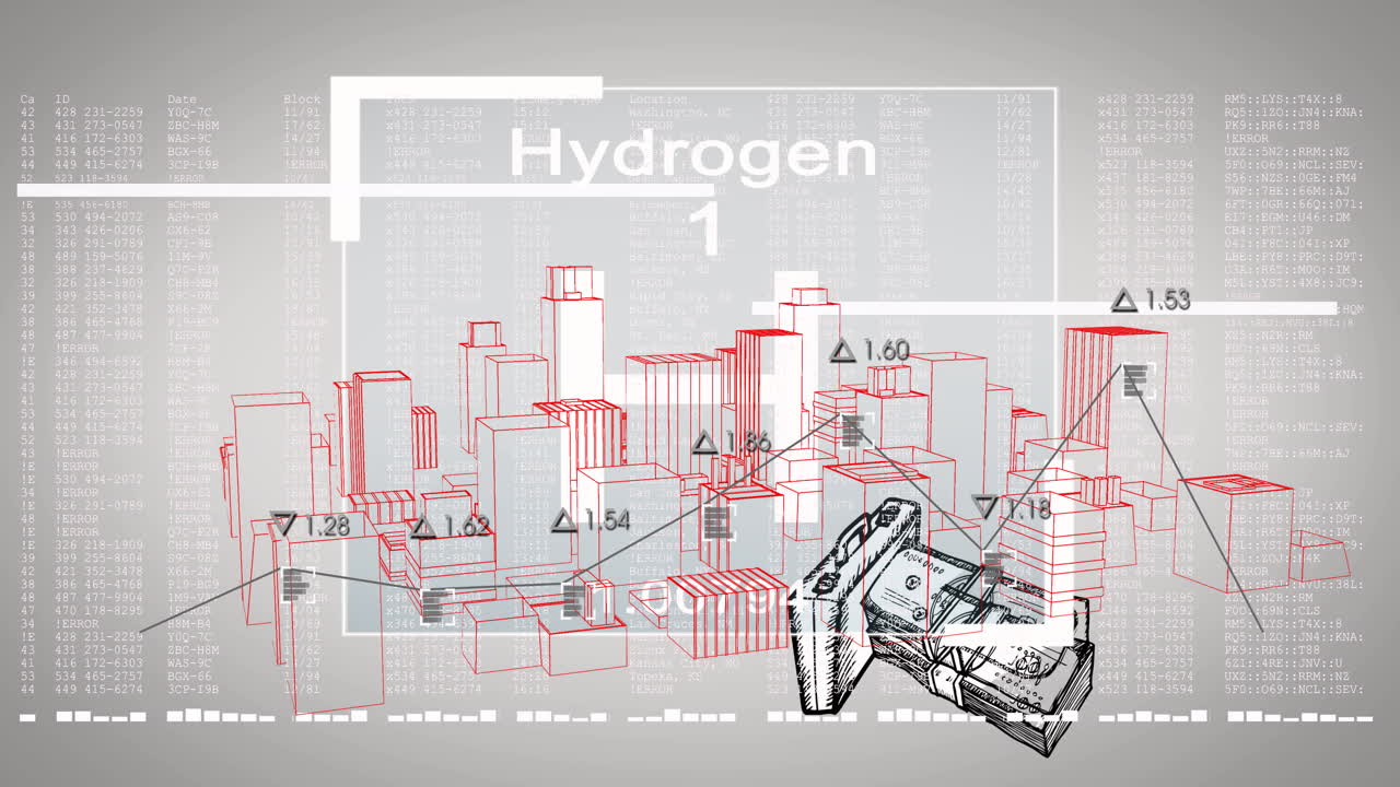 Animation of hydrogen element data and molecular structure over abstract cityscape