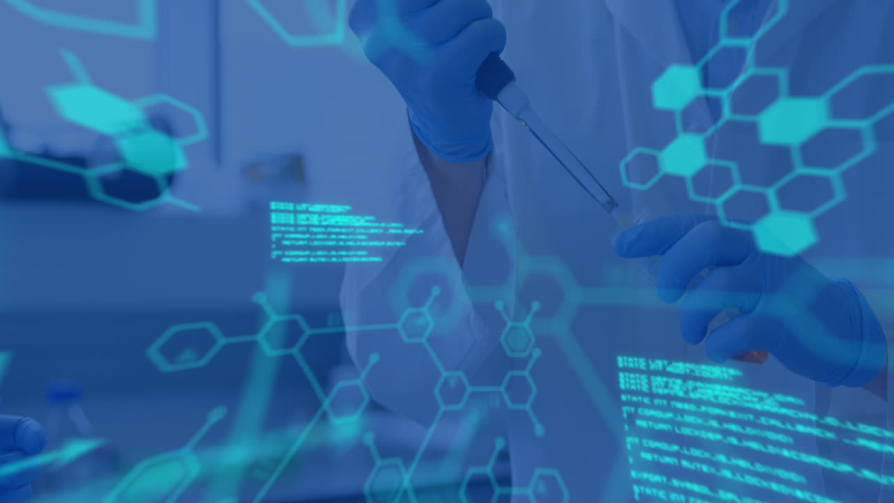 animación del procesamiento de datos y la fórmula química sobre diversos científicos en el laboratorio